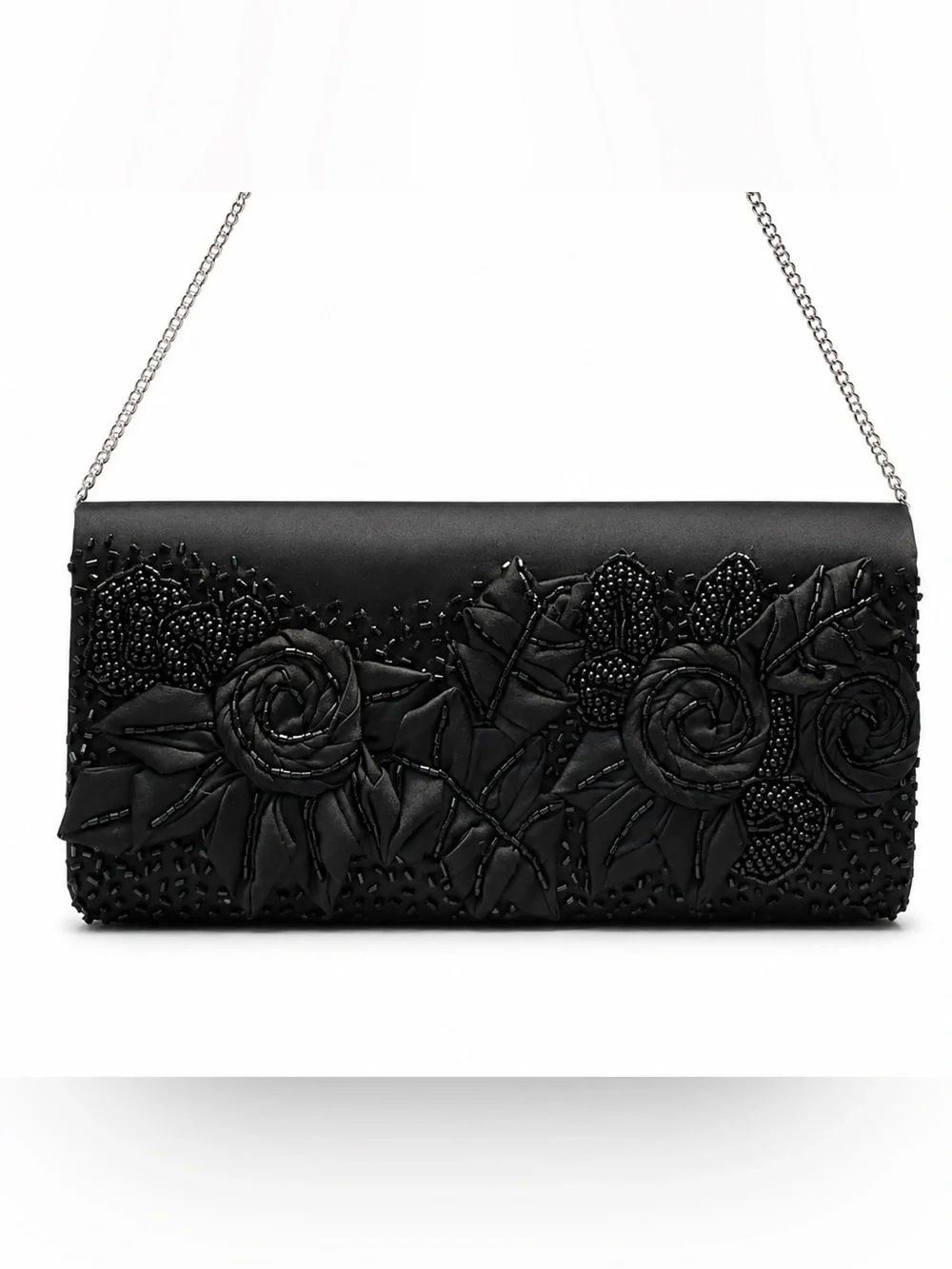 Black Floral Appliqué Evening Clutch with Chain Strap